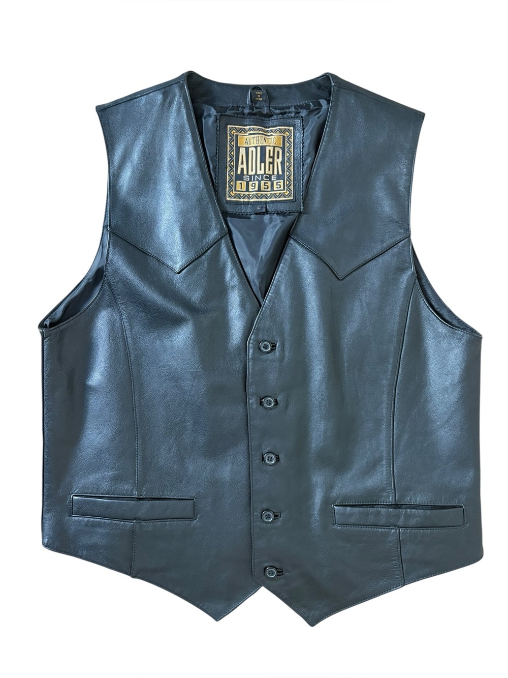 Vintage Authentic Adler Black Genuine Leather Biker Western Classic Vest Size L